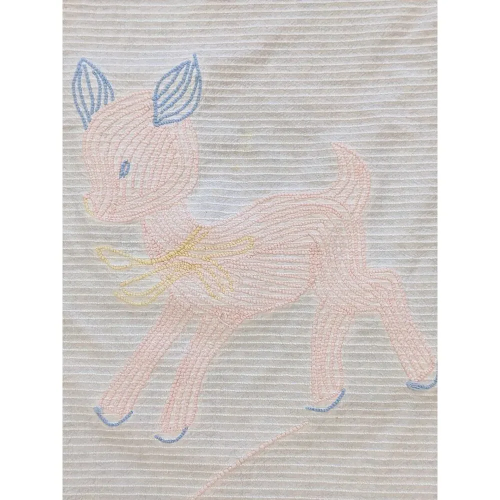 Vintage 1950s Tufted Chenille Pink & Blue Cute Baby Deer Fawn Crib Blanket Flaws